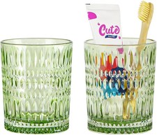 2pcs Green Glass Toothbrush Holder and 10Oz Bathroom Tumbler Cup