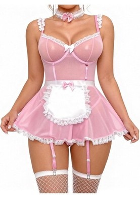 REPLY LOVE Pink Sheer Maid Costume Lingerie Medium Babydoll Lace Apron & Choker