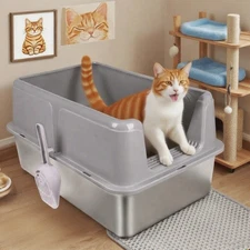 Stainless Steel Large Cat Litter Box  Open Top Litter Pan w/ Scoop & Litter Mat