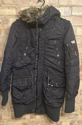KHUJO Women s Parka Jacket Size XL 42  Black Hooded Pockets Galore Nylon