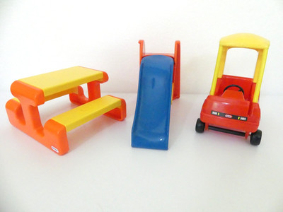 Vintage Little Tikes Dollhouse Lot - Miniature Slide, Cozy Coupe, Picnic Table