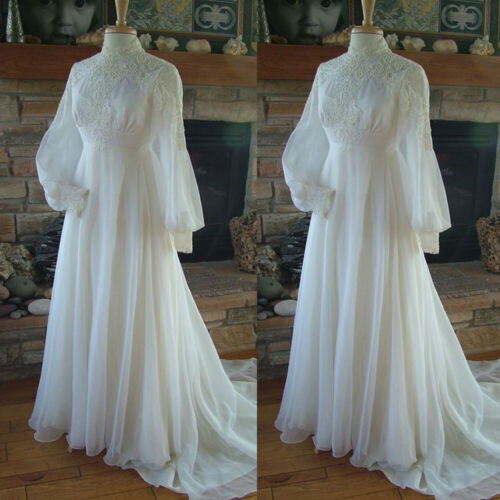 Vintage Chiffon Wedding Dresses High Neck Long Sleeves 1950s White Bridal Gowns - Picture 1 of 8