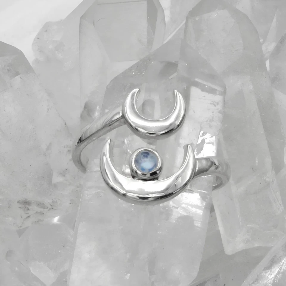 Ювелирные изделия ведьмы - лунное кольцо из чистого серебра с радужным лунным камнем (размер 4-15) - Изображение 3 из 4