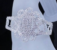 FLORAL BRIDAL AUSTRIAN CRYSTAL BANGLE BRACELET CUFF SILVER WEDDING PROM B12119