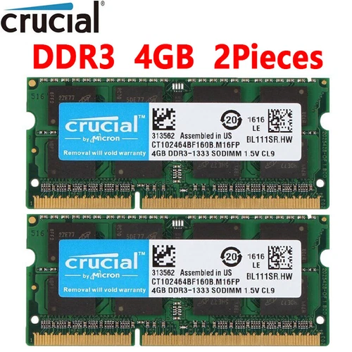 Crucial 8GB KIT 2X 4GB DDR3 1333MHz PC3 10600S Laptop 204Pin SODIMM Memory RAM