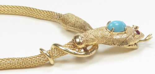 Antique Art Deco 1920's Turquoise Snake Necklace 13K Yellow Gold 20" 35.6 Grams - Picture 3 of 12