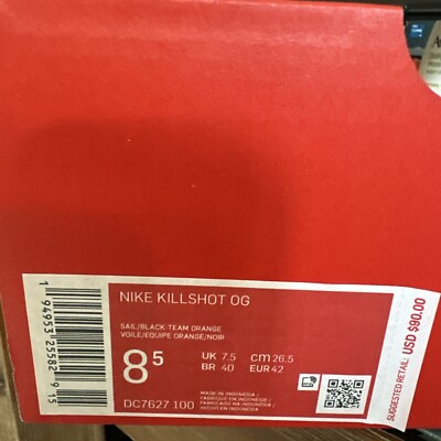 Nike Killshot OG Sail Black Team Orange DC7627-100 Size US8.5