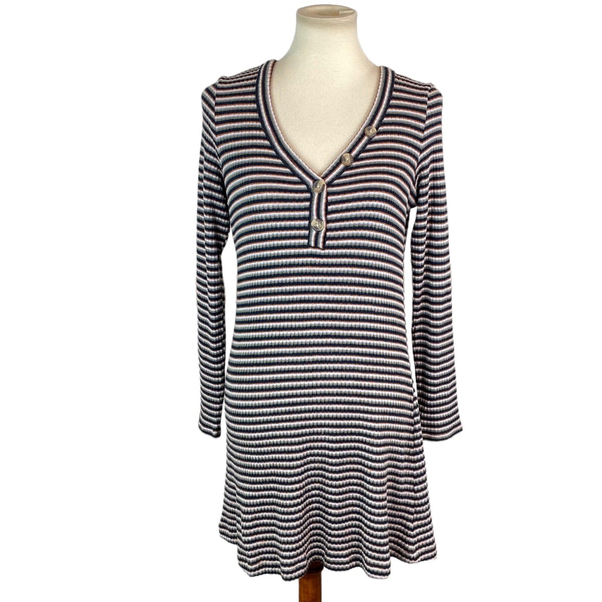 American Eagle Womans Knit Dress Size M Striped Neutrals V Neck Long Sleeve