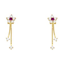 14K Real Gold CZ Flower Chain Tassel Drop Earrings