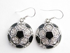 Soccer Ball Black Enamel Clear Crystal Fashion Silver Earrings Jewelry Futball