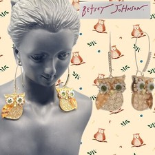 Betsey Johnson Gold Glitter Green Eyes Owl Pave Accent Shepherd Hook Earrings