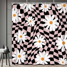 Retro Black Pink 70S Shower Curtain Colorful Checkered Aesthetic Aabstract Sh...