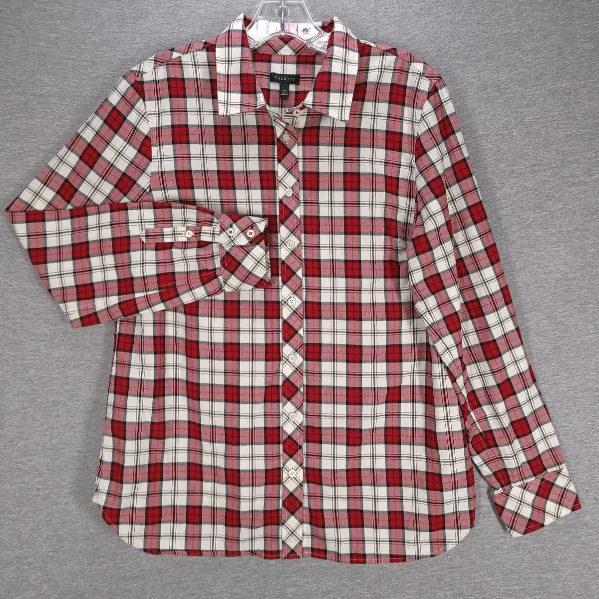 Talbots Flannel Top Medium Red White Gold Plaid Button Up Blouse