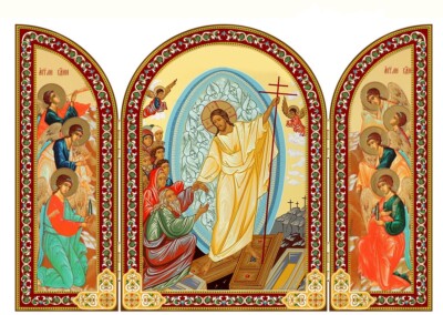 Resurrection of Christ Easter Orthodox Icon Triptych 4 Inch Angels on Doors