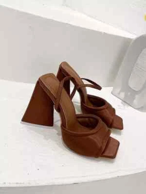 Sandales Élégantes Femme Talon 11 Cm Carré Marron Satin Cuir Synthétique CZ585 - Photo 1/3