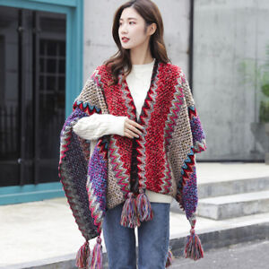 Womens Cloak Bohemia Shawl knitted Cardigan Tassel Shawl Sweater Coat 