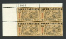 Vintage Unused US Postage Block 6 Cent Stamps SOUTH CAROLINA 1670-1970