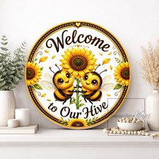 Welcome Bee Metal Wreath Sign: Welcome to Our Hive Round House Decor