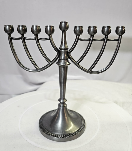 Hanukkah Chanukah Pewter Color Metal Menorah Israel- A48
