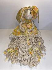 Vintage Hand-sewn Floppy Eared Bunny Rabbit Rag Mop Doll Muslin Face Easter 21”