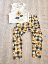 SHEIN Girls White  Yellow Sunflower Sleeveless Top Plaid Pants Set Size 4Y