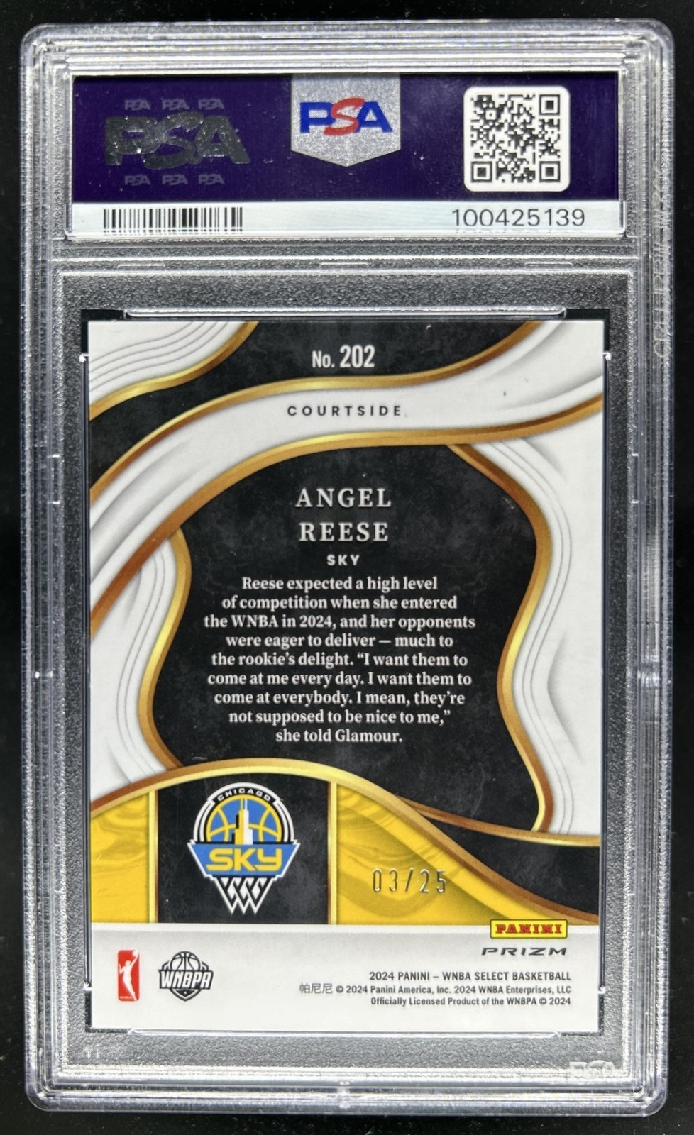 2024 Panini Select WNBA Angel Reese RC Tie Dye Prizm Courtside #/25 Sky PSA 10 view 2