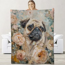 Pug Blanket for Girls Pug Lovers, Flannel Pug Blankets Gifts, Floral Flower P...
