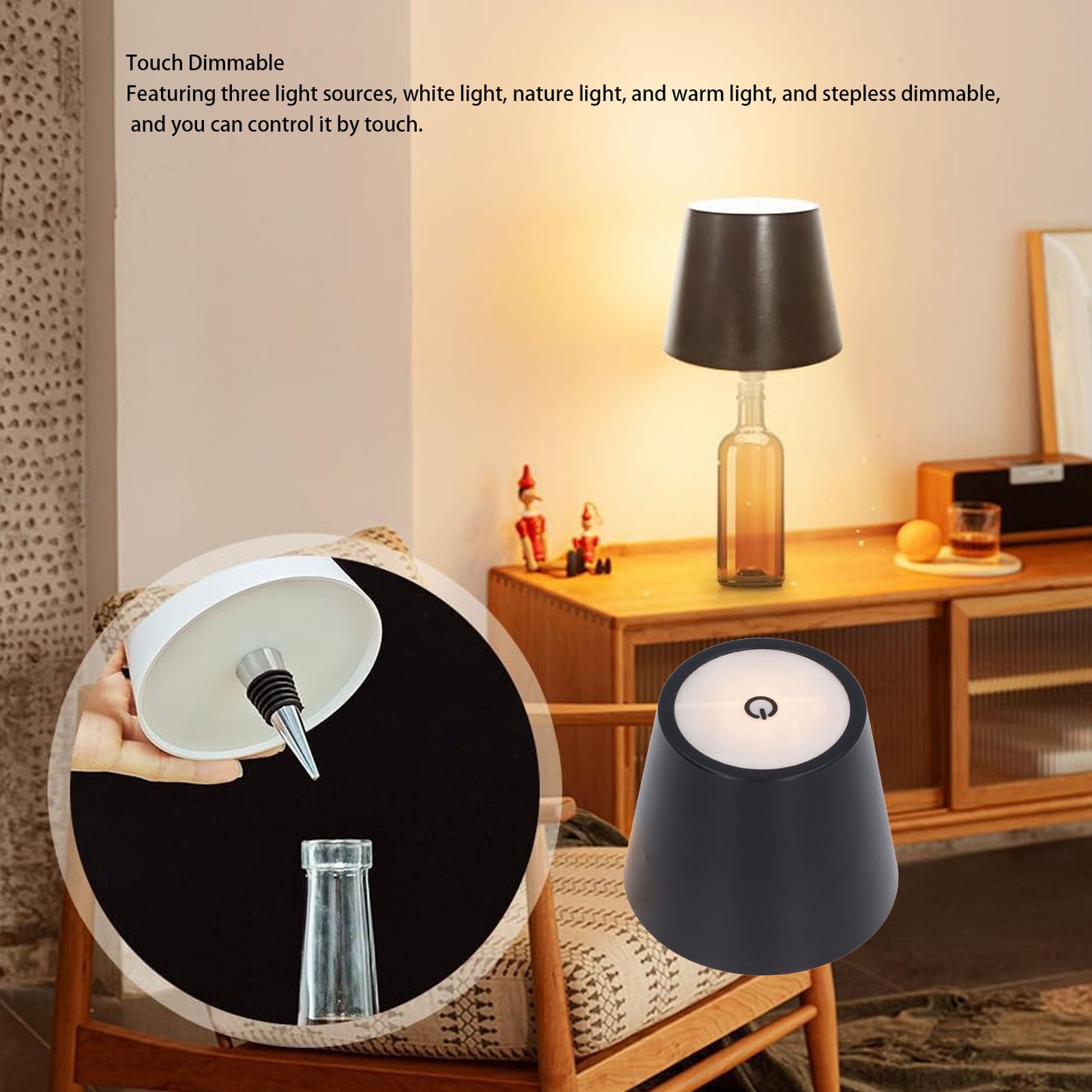 Cordless Bottle Lamp 3 Color Iron Stepless Dimming Wine Bottle Lamp For Bar