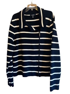 Chaps Full Zip Sweater Navy Cream Cotton Stripe Nautical Large