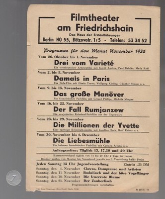 Originales DDR-Werbeblatt vom Filmtheater am Friedrichshain in Berlin von 1956
