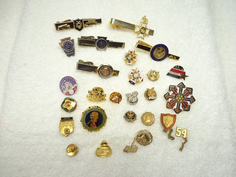 Vtg Elks, Moose, Legion, Mason, State Police Pinback Tie Clip Mixed Lot 25 Pcs.