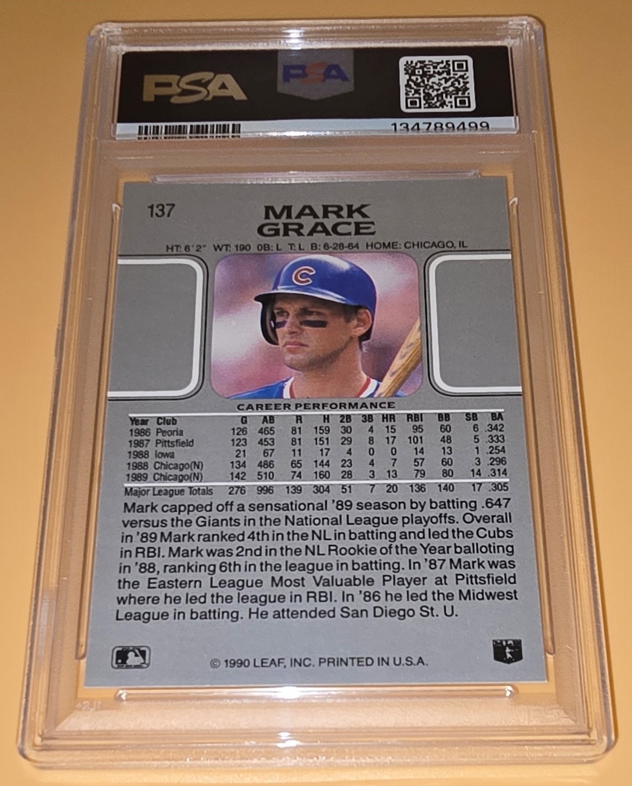 Mark Grace PSA 10 1990 Leaf Baseball #137 Chicago Cubs MLB Vintage Baseball Card view 10