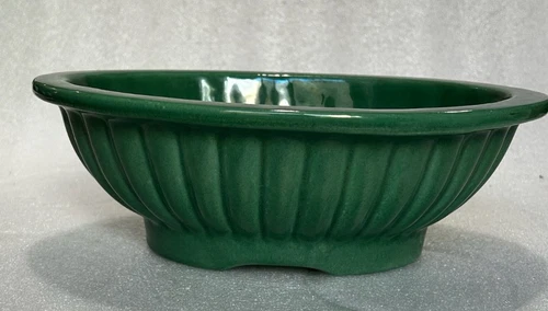 Vintage Haeger Green Oval Ceramic Footed Planter Ribbed Design No. 3938-B
