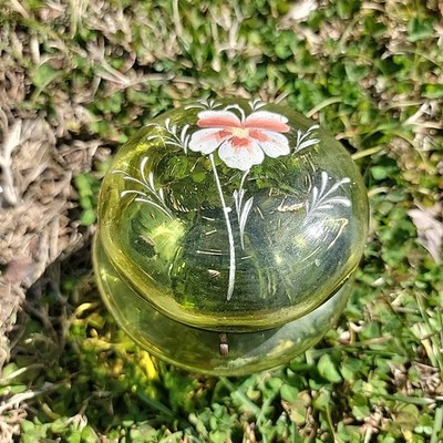 Antique Bohemian Green Glass Powder Jar w/ Enamel Flower