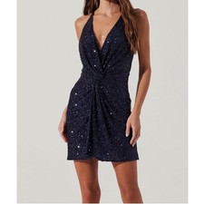 ASTR The Label Navy Sequin V-Neck Twist Front Mini Dress ADR10150 Size M o3