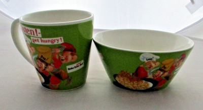 Vintage Kellogg's 2006 Green Multi Snap Crackle Pop Bowl w Mug Set