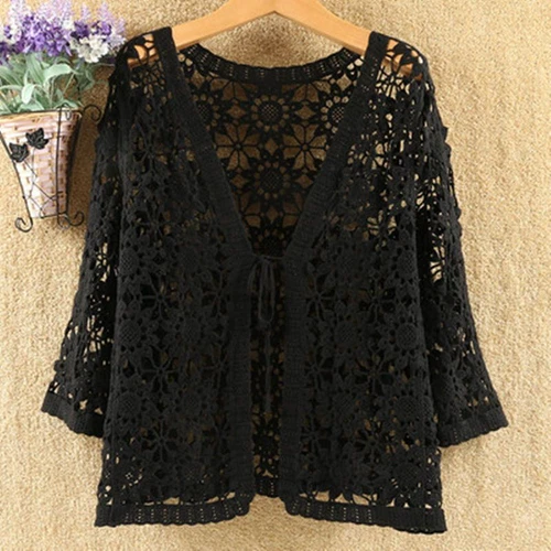 Women Crochet Lace Shrug Cardigan Top Hollow Out Knitted 3/4 Sleeve Shawl Coat - Bild 13 von 22