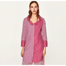 Zara Mixed stripe shirt-style tunic dress women's size S Pink white