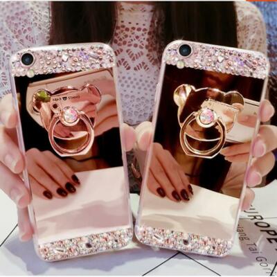3D Girls' Mirror Bling Diamond Rhinestone Ring Kickstand Phone Soft Case Cover