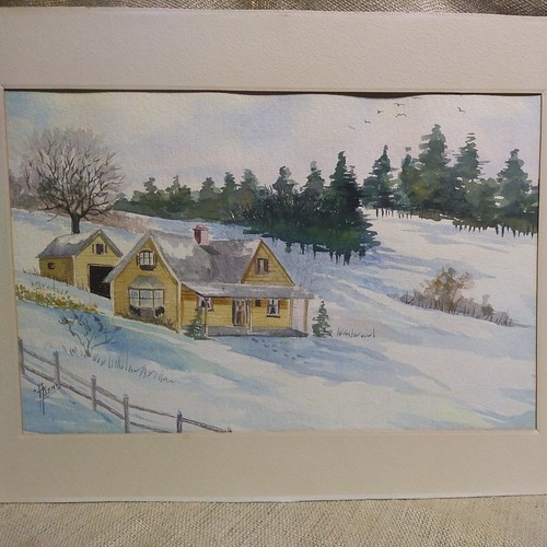 2 Paintings Antique American Farm cabin Folk Art Winter Landscape watercolor - Picture 3 of 12