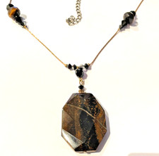 STUNNING GENUINE TIGER EYE PENDANT NECKLACE, CRYSTAL TRIM, ADJ. 16-18 INCHES