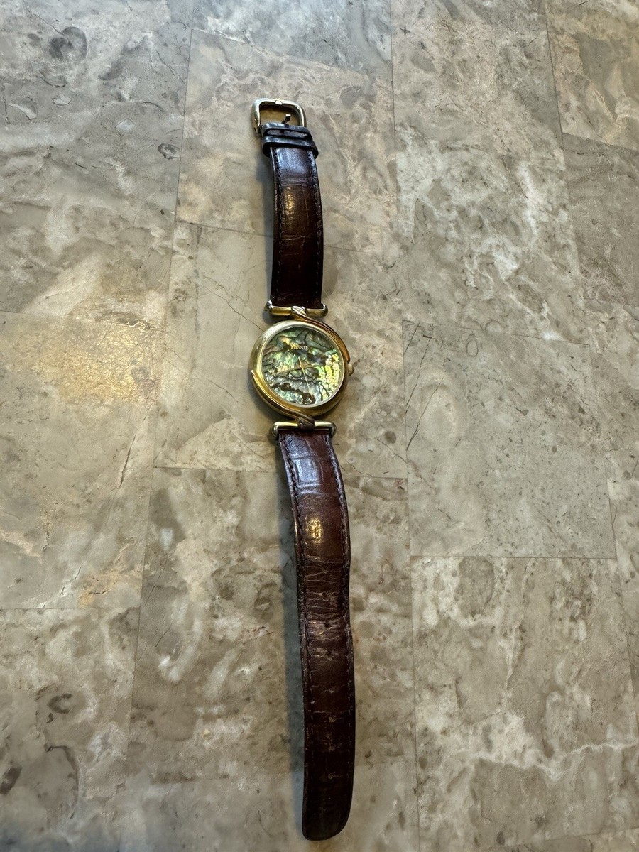 Vintage Fossil World Abalone Shell Dial Brown Leather Strap  display picture 2
