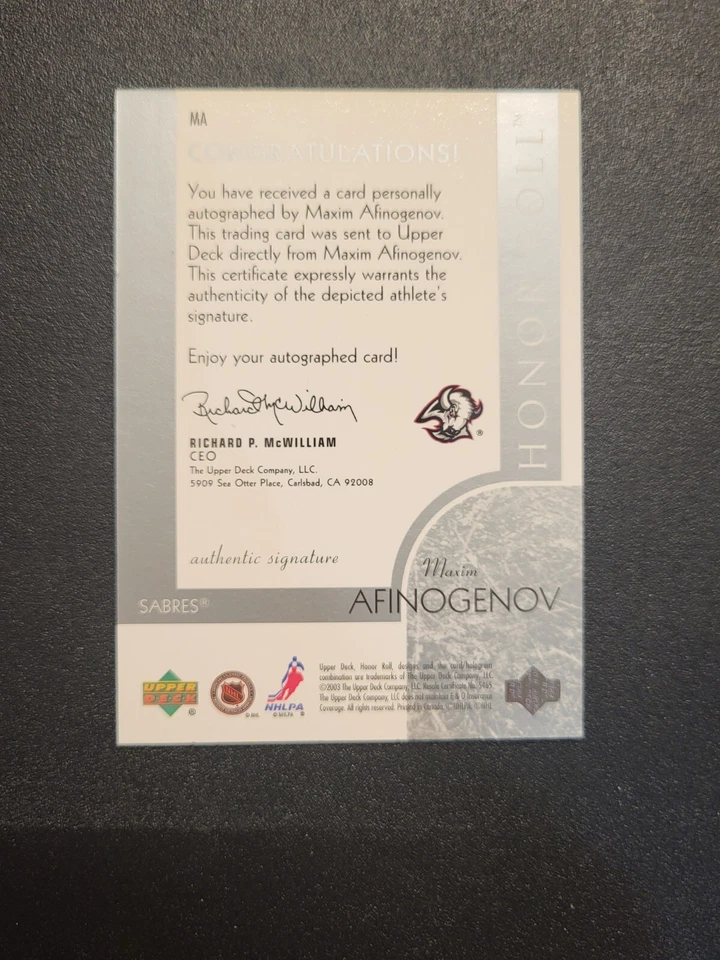 UD Honor Roll Signature Class 2002-03 automático Maxim Afinogenov #MA RARO Foto 2 de 2