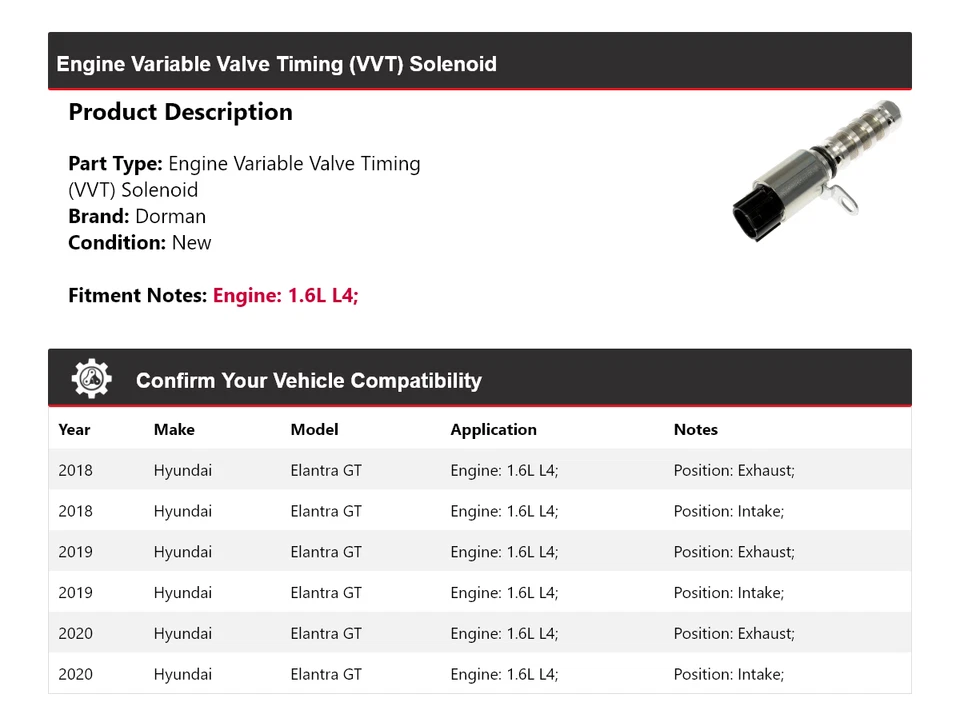 Para Hyundai Elantra GT 2018-2020 1,6 L L4 motor Dorman VVT solenoide 2019 Foto 2 de 4