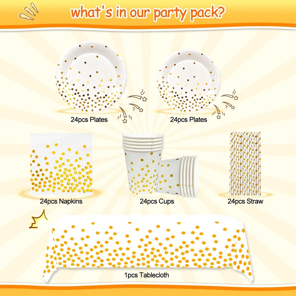 Decoraciones de fiesta de oro blanco, juego de suministros de vajilla de fiesta de boda sirve para 24 Foto 2 de 4