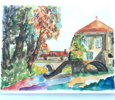 Paysage Dordogne Aquarelle originale Circa 1960