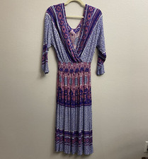 Free People She's A Lady Flowy V Neck Midi Dress Size Small Smocked Waist Boho