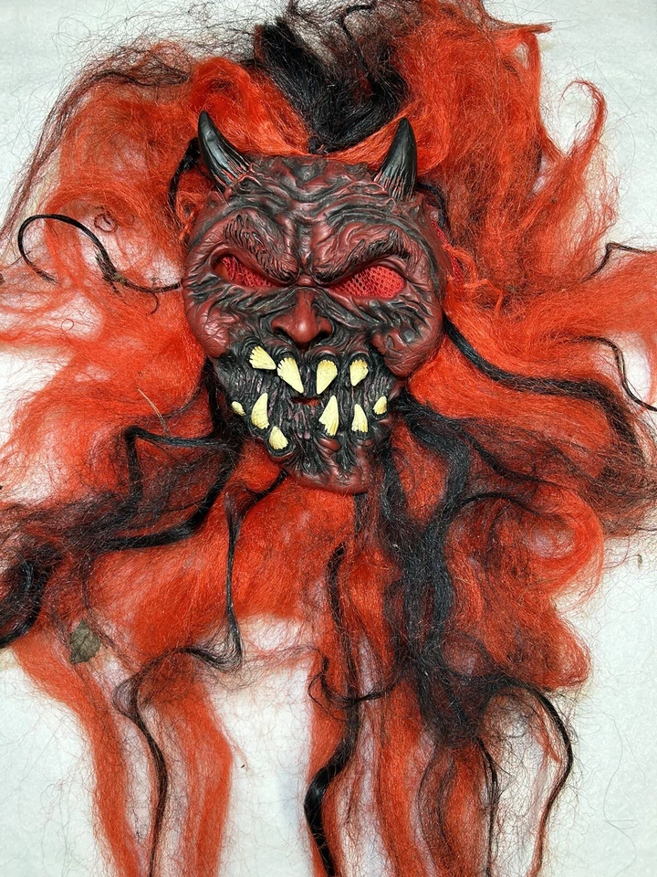 Red Devil Horned Horror Ghoul Adult 3D Vinyl Mask Long Red Hair Men Halloween - Image 2 of 4