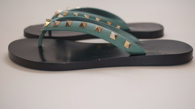 valentino Rockstud Leather Slip on Flat Flip Flops Sandals Green 35 5 for sale online | eBay