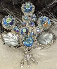 Vintage Miriam Haskell Style Brooch Pin Silver Tone Frosted And Blue Rhinestones
